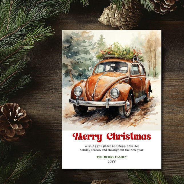 Scène de Noël rustique chic carte de style de voit (Chic rustic Christmas scene red car card style)