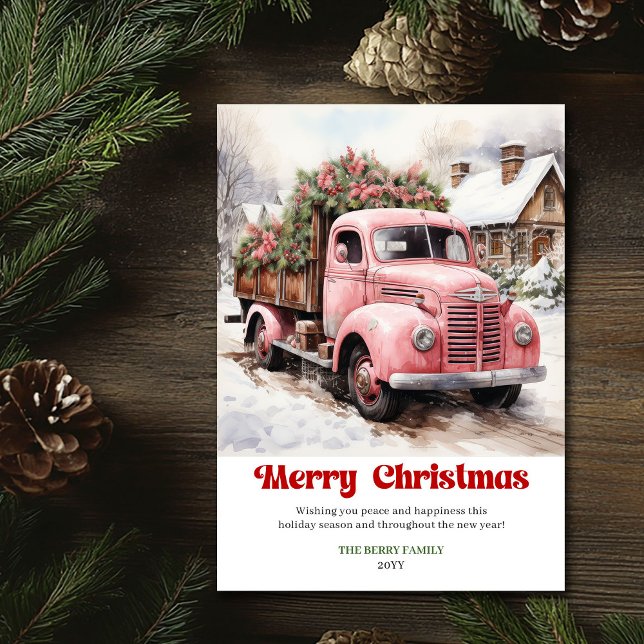 Scène de Noël rustique élégante carte de vœux cami (Elegant rustic Christmas scene pink truck greeting Holiday Card)
