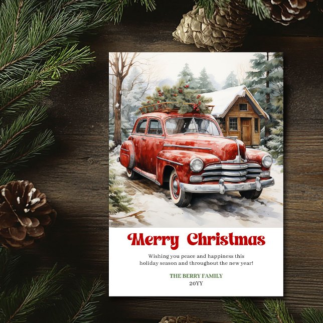 Scène de Noël rustique élégante carte de vœux voit (Elegant rustic Christmas scene red car greeting)