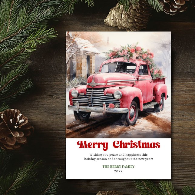 Scène de Noël rustique moderne carte art camion ro (Modern rustic Christmas scene pink car card art)
