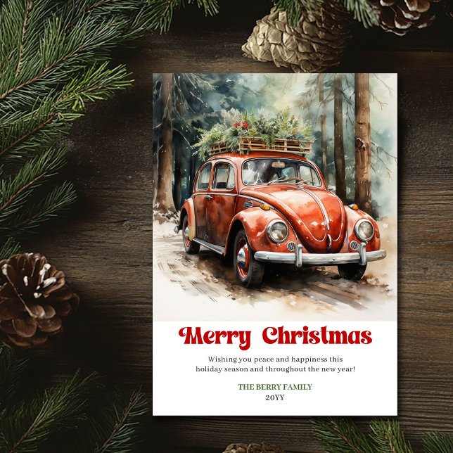 Scène de Noël rustique rétro carte de vœux voiture (Retro rustic Christmas scene red car greeting)
