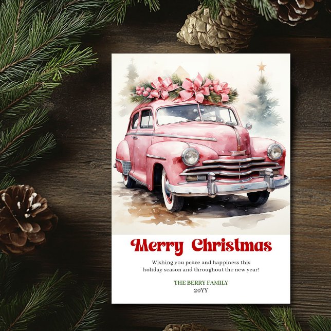 Scène de Noël rustique rétro voiture rose carte de (Retro rustic Christmas scene pink car greeting)