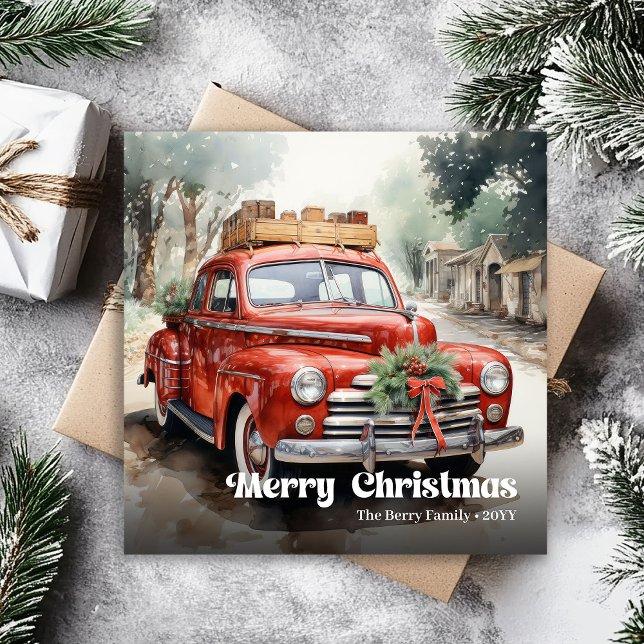Scène de Noël rustique tendance carte de vœux aqua (Trendy rustic Christmas scene watercolor greeting)