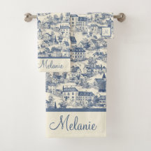 Scène de village élégante Toile de Jouy bleue