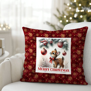 Scène festive enneigée bébé faon oreiller de Noël