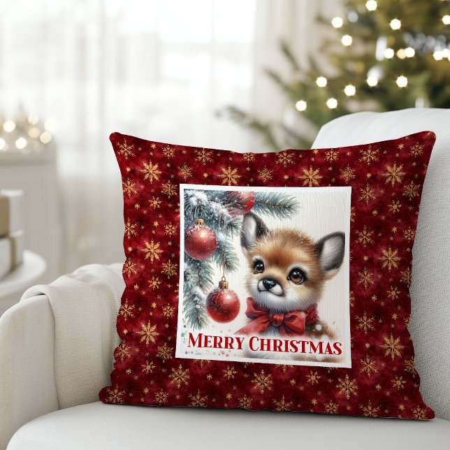Scène hivernale chaude oreiller de Noël faon bébé  (Warm winter scene baby fawn Christmas pillow (48))