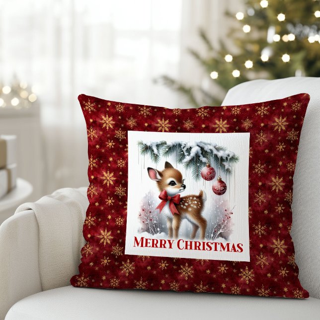 Scène hivernale délicate bébé faon Noël oreiller (Delicate winter scene baby fawn Christmas pillow (51))