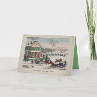Scène hivernale vintage, chevaux, carte pliée en s