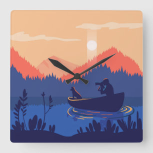 Scène Rustique Sunset Pêche Carré Horloge murale