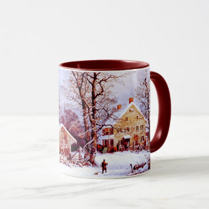 Scène vintage de ferme d'hiver. Tasses de cadeau