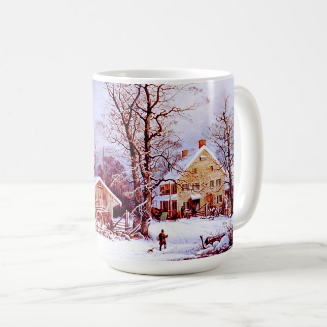 Scène vintage d'hiver. Tasses de cadeau de Noël (Devant droit)