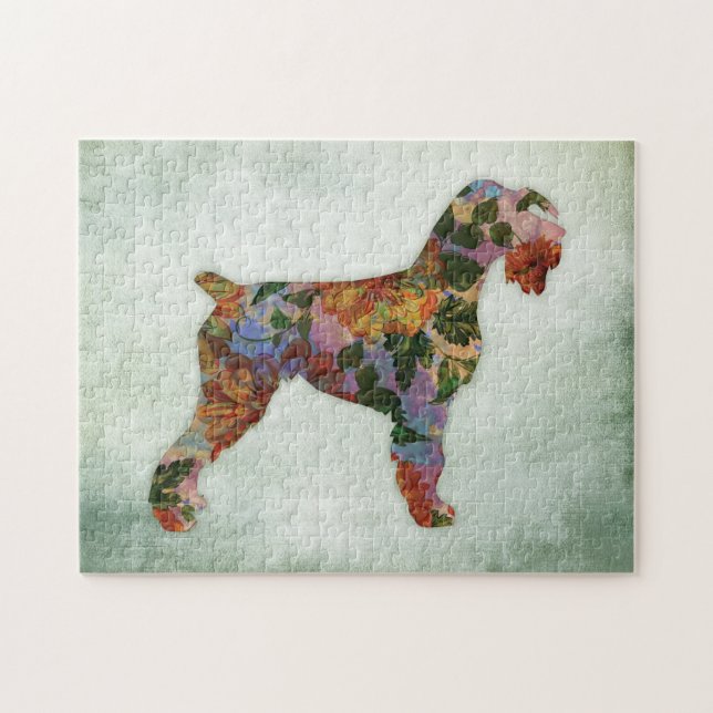 Schnauzer Jigsaw Puzzle Chien Floral Sur Vert (Horizontal)