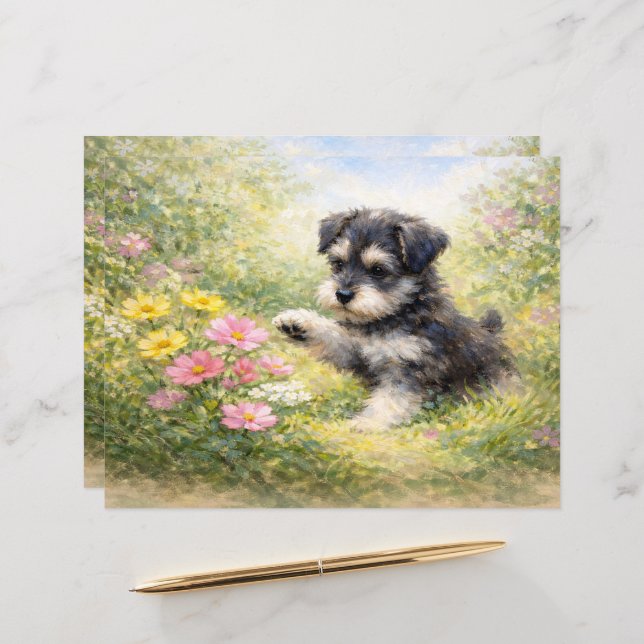 Schnauzer Puppy Springtime Flowers Scrapbook Paper (Devant/Arrière en situation)