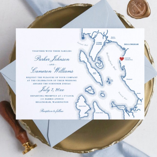 Schooner Zodiac Bellingham Bay WA Carte Mariage (Elegant Bellingham Washington Schooner Zodiac Wedding Invitation in navy blue by Coastal Map Designs)