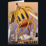 Science-fiction vintage Invasion de guerre Alien O<br><div class="desc">Image de science-fiction d'aliens et de robots d'illustration vintage montrant une grande pieuvre alien futuriste comme un monstre envahissant une ville et prenant un bus plein de gens. Un design de bande dessinée rétro science fi avec une créature détruisant une métropole du futur et les gens tombent du bus vers...</div>