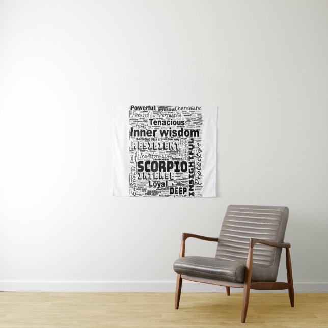 Scorpio Zodiac Word Cloud Inspiration Tapisserie (En situation (horizontale))