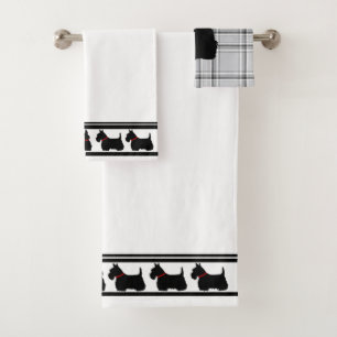 Scottish Terrier/col rouge/plaid gris/frontière