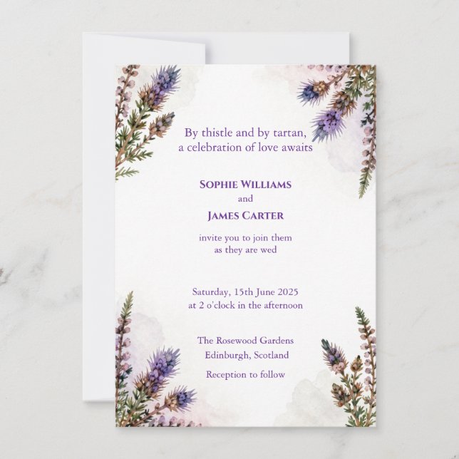 Scottish Watercolour Thistle Wedding Invitation (Devant)