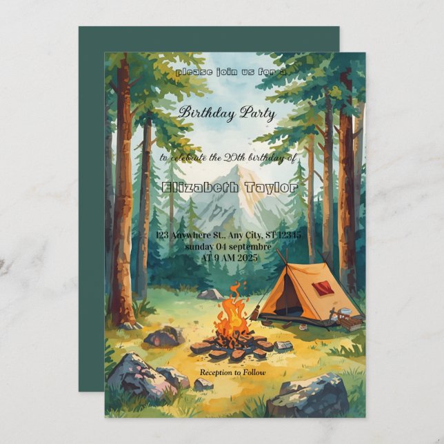 scout Camping party birthday  invitation (Devant / Derrière)