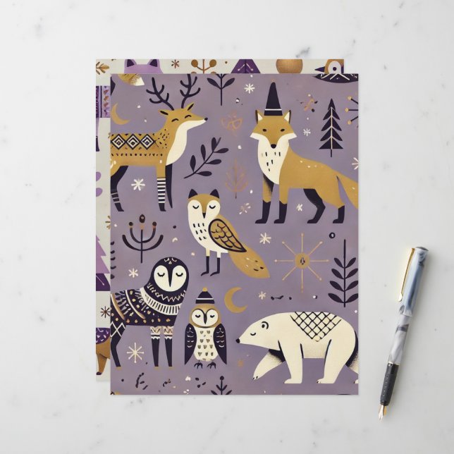 Scrapbook d'animaux scandinaves pourpres et or (Devant/Arrière en situation)