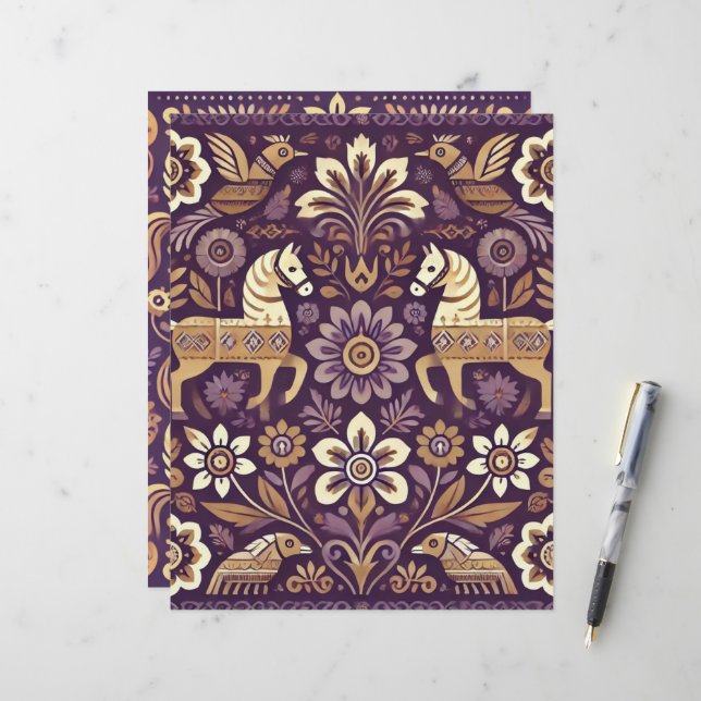 Scrapbook d'art populaire scandinave violet et or (Devant/Arrière en situation)