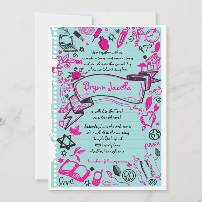 Scribbles Invitation noir et rose (Devant)