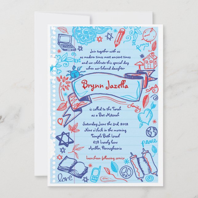 SCRIBLES sur NOTEPAPER Bat Bat mitzvah Invitation (Devant)