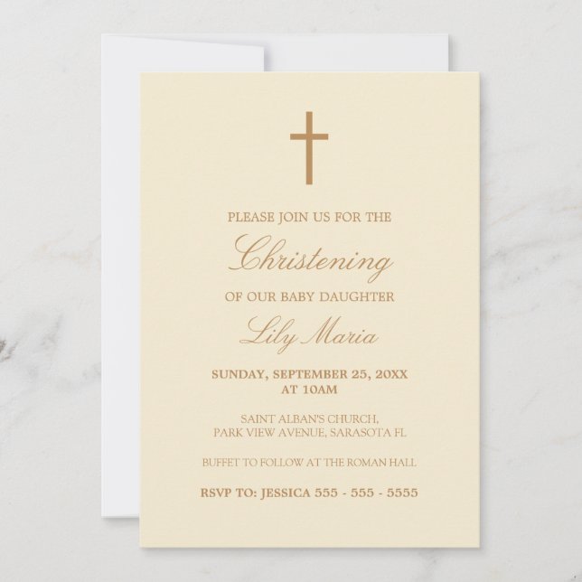 Script beige Elegance Crème Christening Invitation (Devant)
