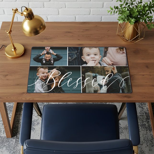Script béni | Happy Fête des pères 4 Photo Collage (Blessed Script | Happy Fathers Day 4 Photo Collage Desk Mat)