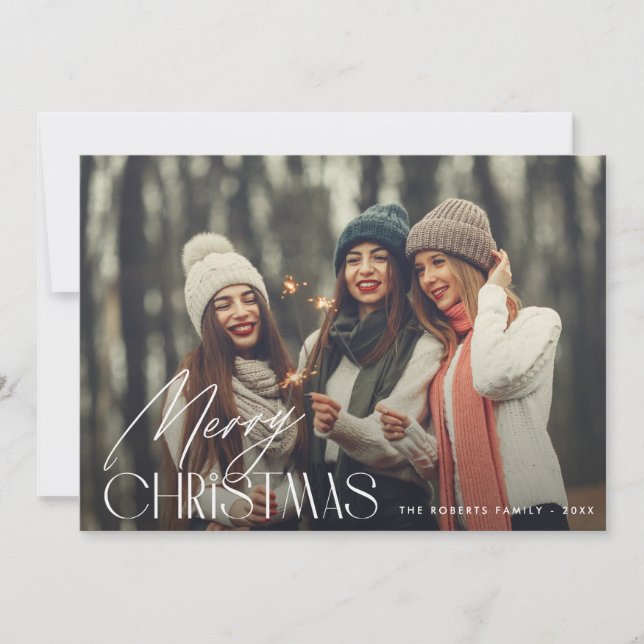 script blanc moderne joyeux carte photo de noël (Devant)