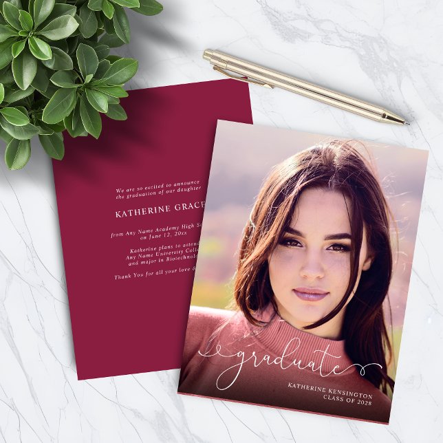 Script BUDGET Photo Burgundy Maroon Graduation (BUDGET Script Photo Burgundy Maroon Graduation Invitation Announcement)