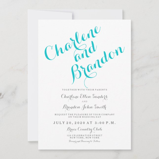 Script classique | Faire-part de mariage turquoise (Devant)