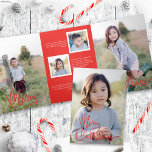 Script de calligraphie rouge gras Carte photo de v<br><div class="desc">Ce magnifique design tri-plié est doté d'une photographie à fond et d'un script de calligraphie rouge audacieux "Joyeux Noël". L'accueil sur la couverture dit simplement "Joyeux Noël" et continue à l'intérieur. Lorsque vous ouvrez le premier panneau, vous voyez une seule photo verticale à fond plein avec votre texte de vacances...</div>