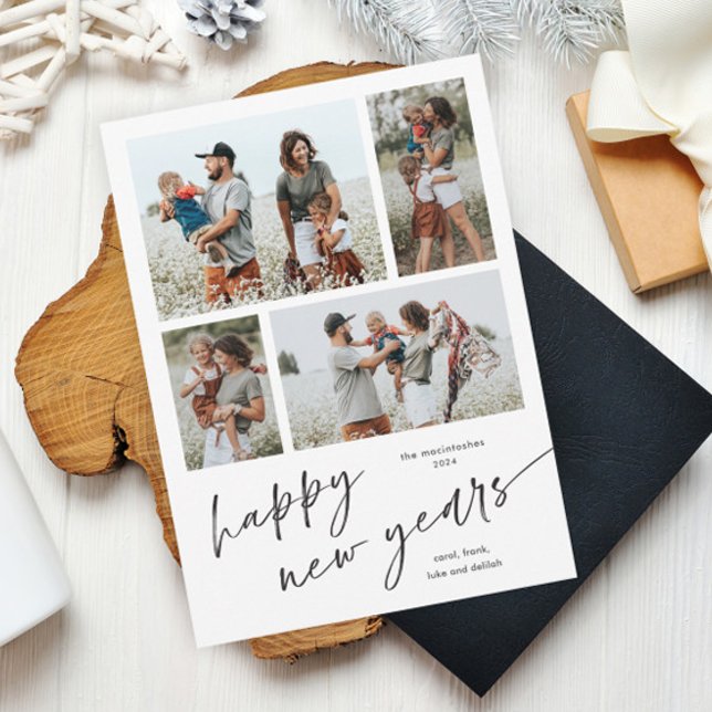 Script de collage photo simple Magnet Bonne Année (Simple black and white script happy new years 4 photo collage new years card holiday magnetic card.)