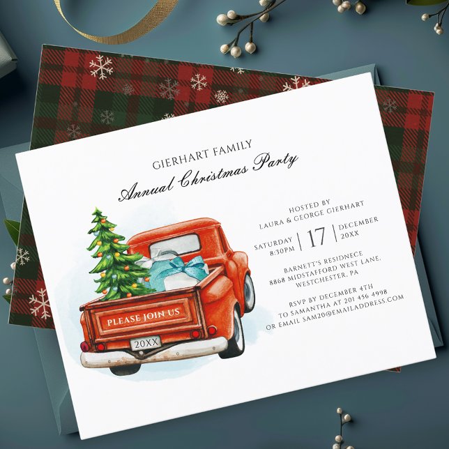 Script de Noël Camion Rouge Famille Invitation (Rustic Christmas Party Red Truck Elegant Invitation)