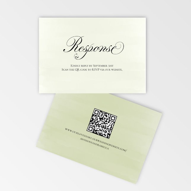 Script de réponse de mariage avec code QR floral v (Elegant sage green floral RSVP card with QR code for easy online responses)