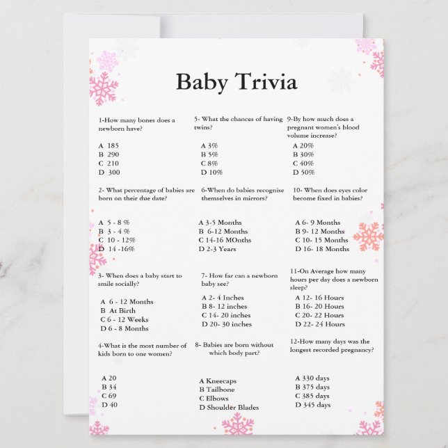 Script d'hiver bébé trivia jeu baby shower jeu (Devant)