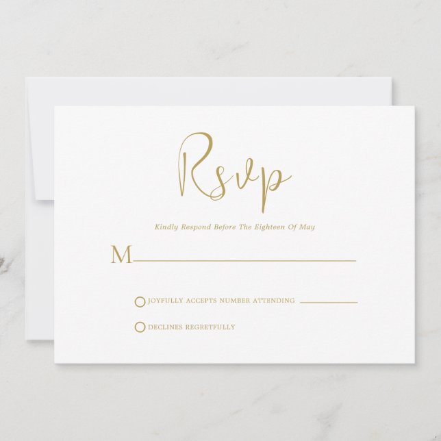 Script en or blanc sur carte RSVP blanche (Devant)
