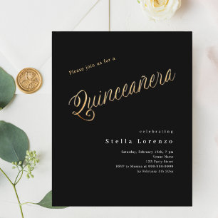 Script en or noir Quinceanera invitation