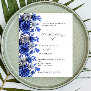 Script floral blanc bleu faire-part de mariage bud
