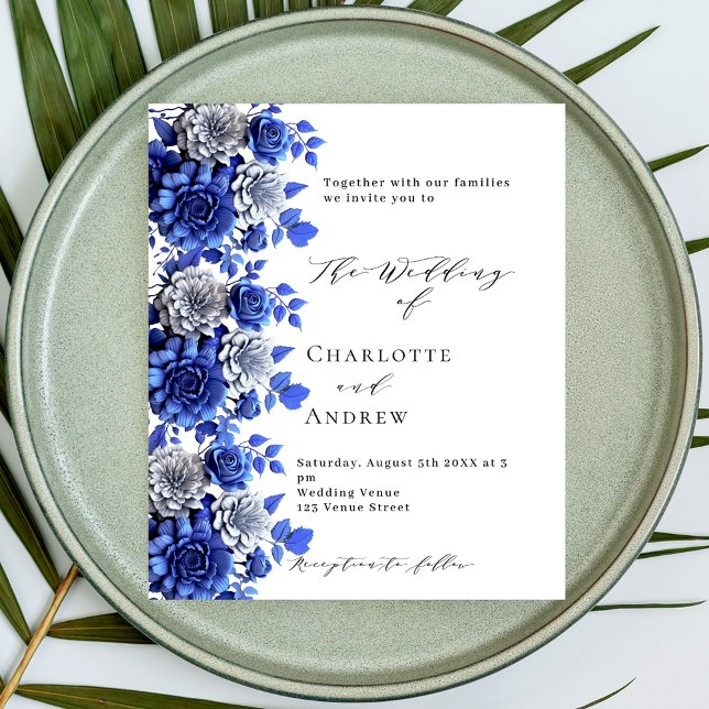 Script floral blanc bleu faire-part de mariage bud (Créateur téléchargé)