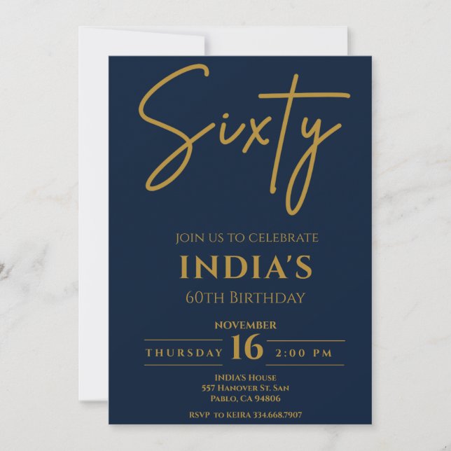 Script Gold & Blue 60th Birthday party Invitation (Devant)