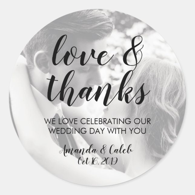 Script Love & Thanks Photo Wedding Favor Sticker (Devant)