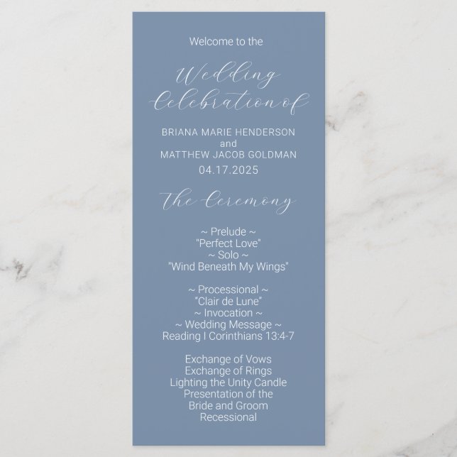 Script minimaliste Dusty Blue Wedding Programme (Devant)