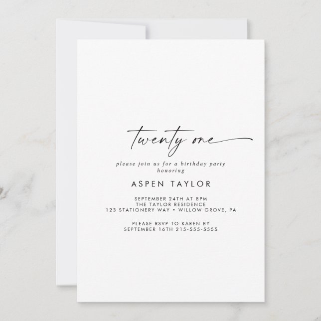 Script moderne 21e anniversaire Invitation de fête (Devant)