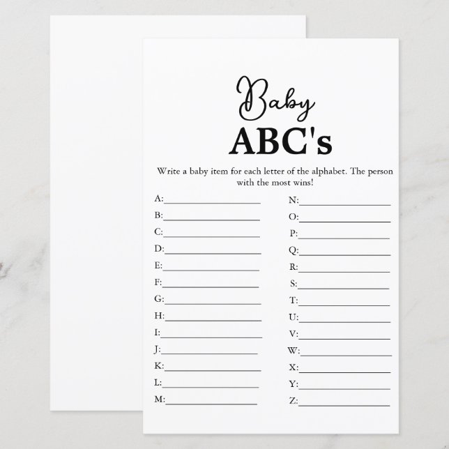 Script moderne Baby Abc jeu de baby shower (Devant / Derrière)