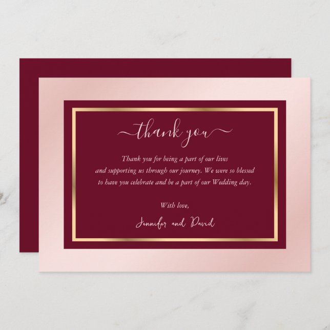 Script moderne Burgundy Blush Gold Carte de remerc (Devant / Derrière)