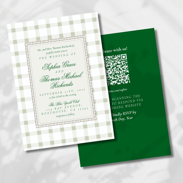 Script moderne cursif À damiers Faire-part de mari (Bring understated style to your big day with this Earth Tone Green Wedding Invitation!)