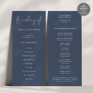 Script moderne Dusty Marine Blue Wedding Programme