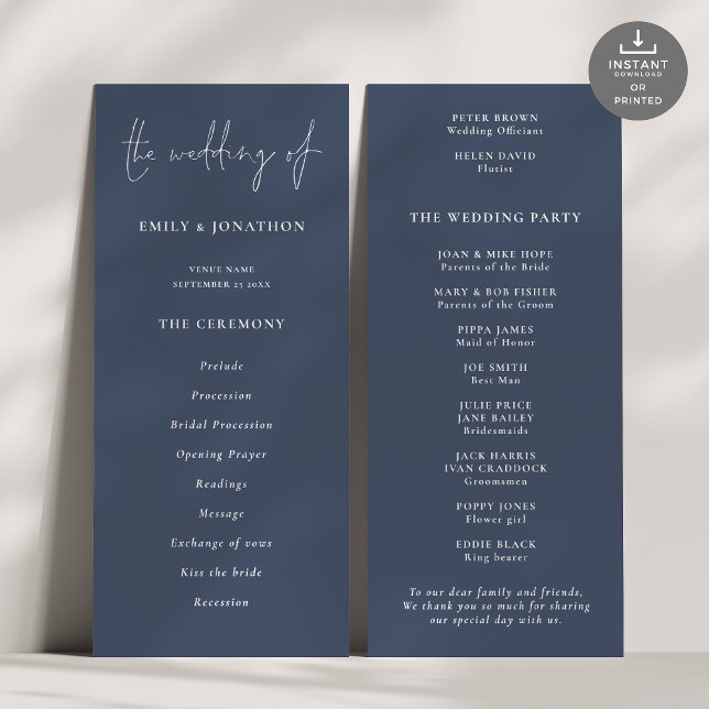 Script moderne Dusty Marine Blue Wedding Programme (Front and Back view)